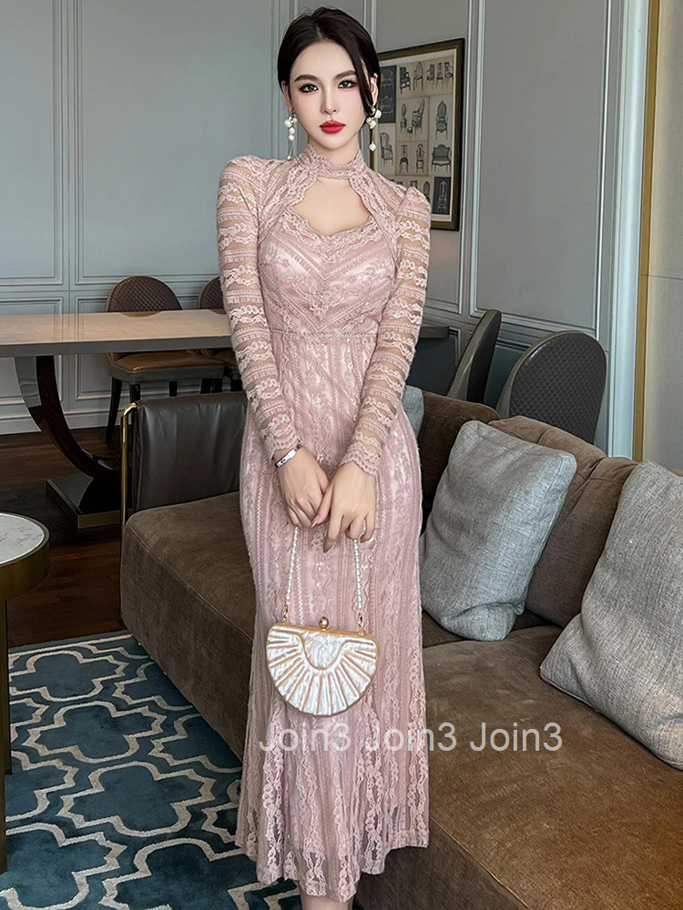 New Spring Lace Sweet Evening Long Fishtail Dresses Women Clothing Chic Sexy Hollow Slim Party Dress Robe Mujer Autumn Vestidos