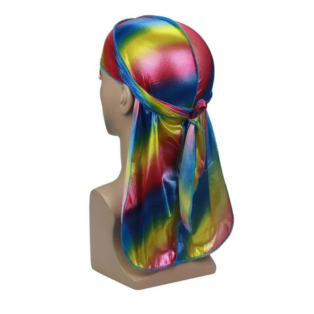 Fashion Men Colorful Durag Wave Caps Mens Sparkly Silky Durags Turban Hat Hip-hop Bandana Headwrap Long Tail Pirate Hats M250623
