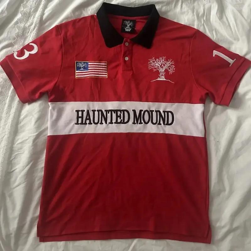 Men's Polos Haunted Mound Embroidered Retro Black Polo Shirt Y2K T Pumpkin Head Letter Oversized Short Sleeve Tops