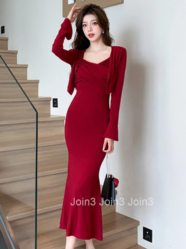 New Spring Autumn Ladies Solid 2 Piece Outfit Women Short Cardigan Tops Coat And Strap Skinny Robe Midi Dress Set Street Clothes