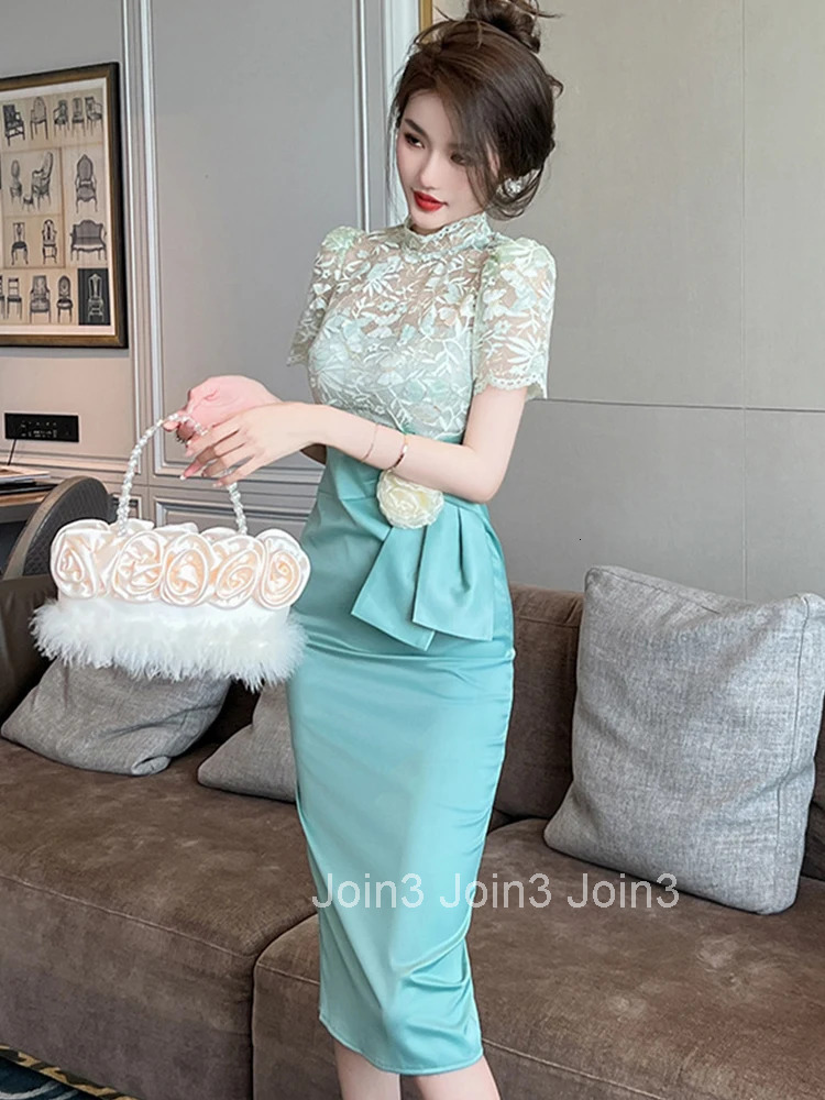 Summer Evening Dress For Women Elegant Chic Lace Spliced Satin Sheer Short Sleeve Wrap Hip Midi Party Prom Mujer Vestidos Street