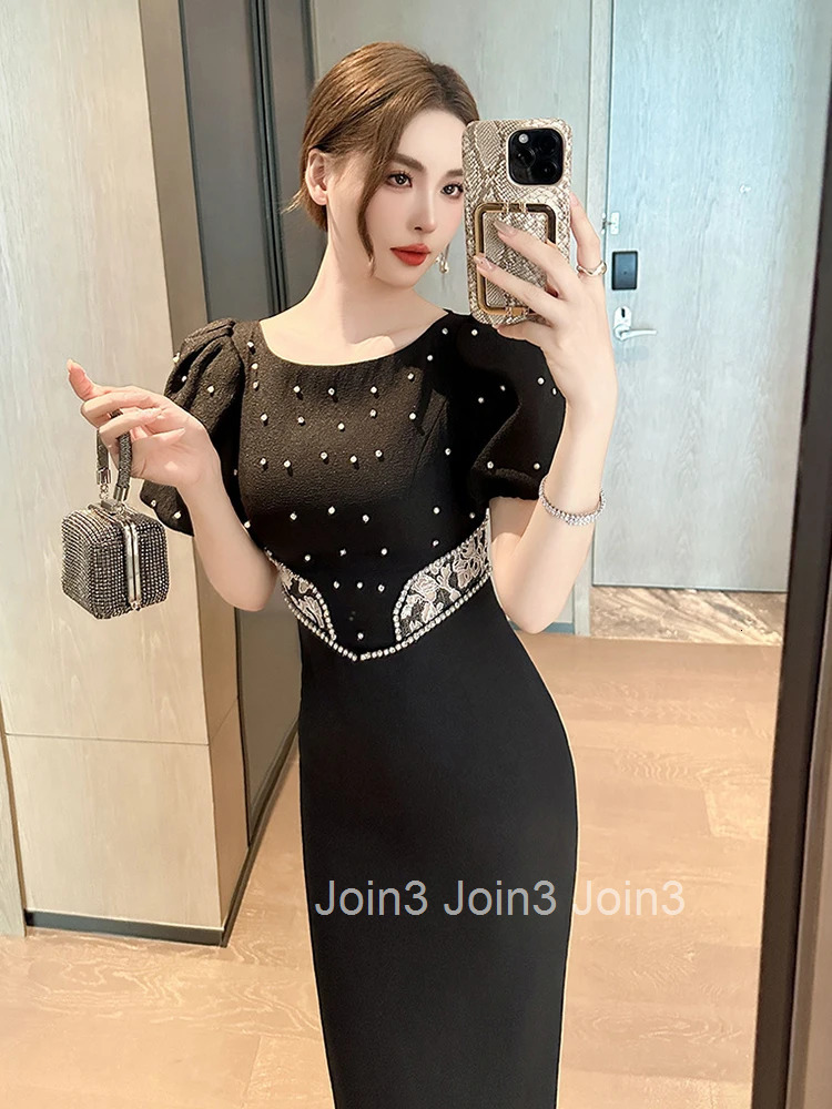 Summer Black Formal Business Pencil Dress Women Clothes Mujer Elegant Luxury Retro Puff Sleeve Slim Midi Party Birthday Vestidos