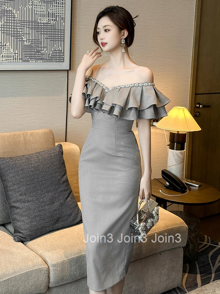 Women Clothes Gray Ruffle V-Neck Slim Midi Pencil Dress Elegant Luxury Fashion Evening Party Vestidos Casual Formal Occasion New