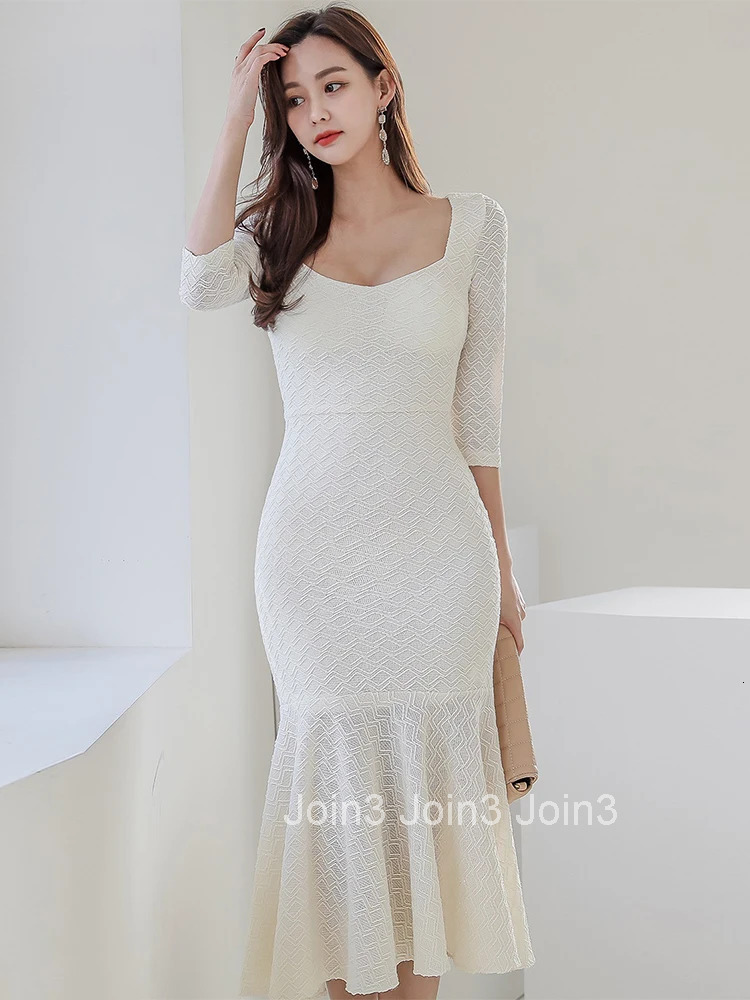 Korean Fashion Spring Autumn Solid Bright Silk Fishtail Dresses Women Clothing Square Collar Slim Dress Robe Femme Mujer Vestido