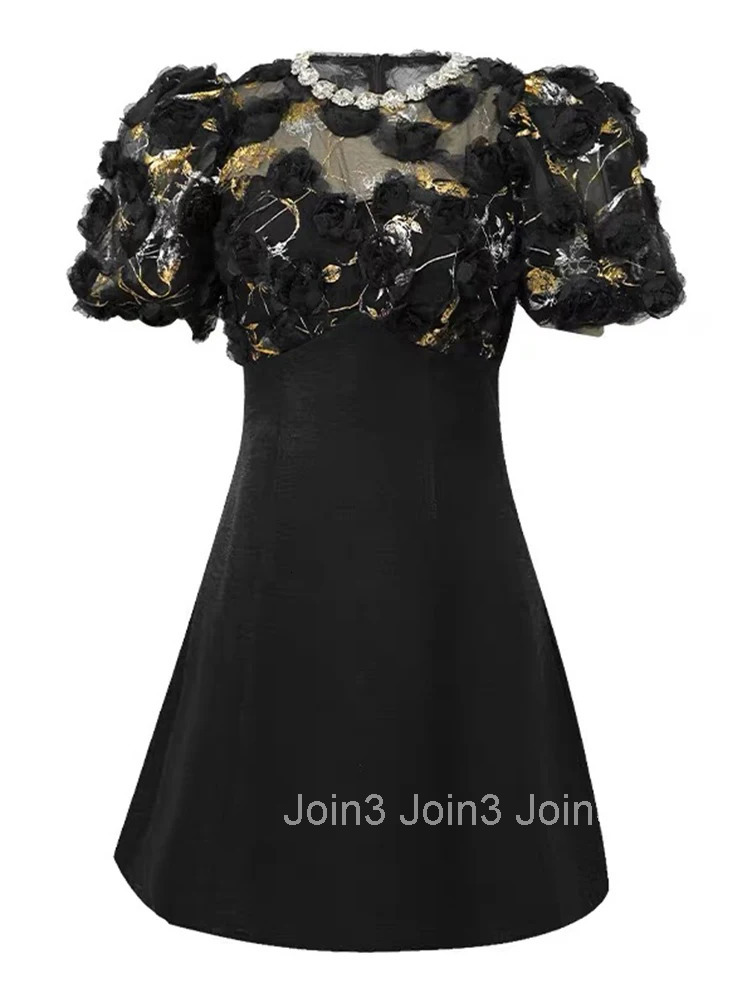 Summer Fashion Elegant Luxury Black Gown Evening Dress Women Clothes Floral Sexy Sheer O-Neck A-Line Short Party Prom Vestidos