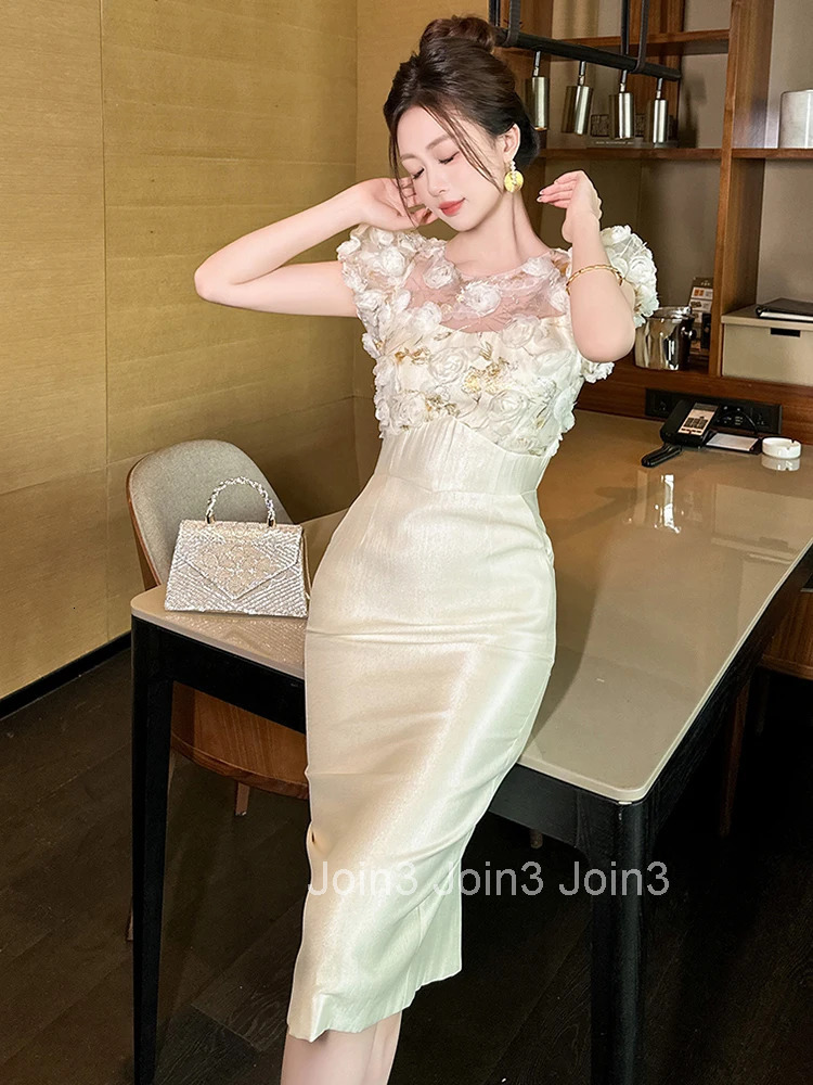 New Summer Fashion Flower Sheer O-Neck Evening Dress Women Clothes Elegant Luxury Sweet Puff Sleeve Slim Midi Party Prom Vestido