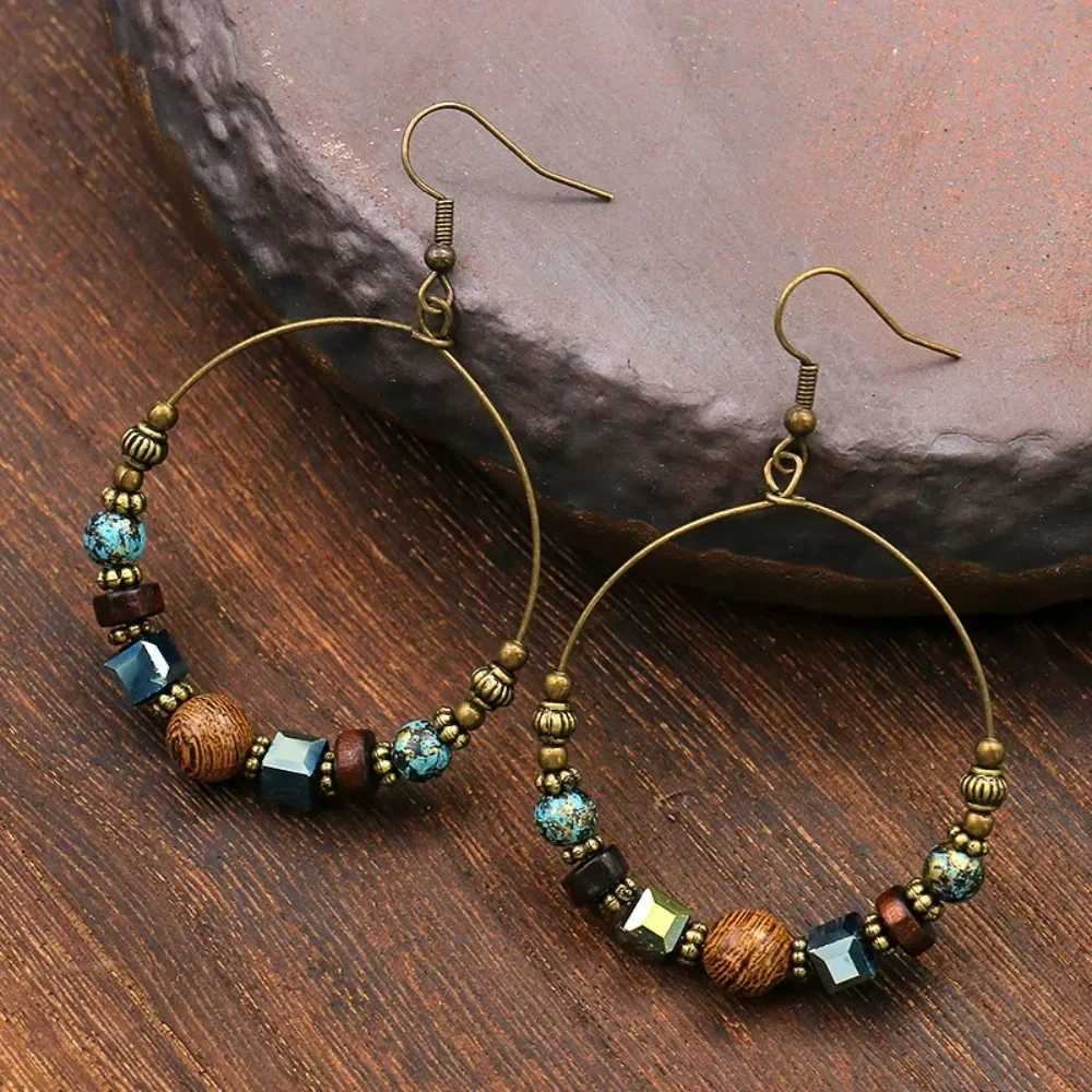 SUMENG 2025 New Ethnic Bohemia Womens Gypsy Big Bronze Wood Beads Round Drop Boho Earrings Vintage Style For Female Jewelry XJ250623
