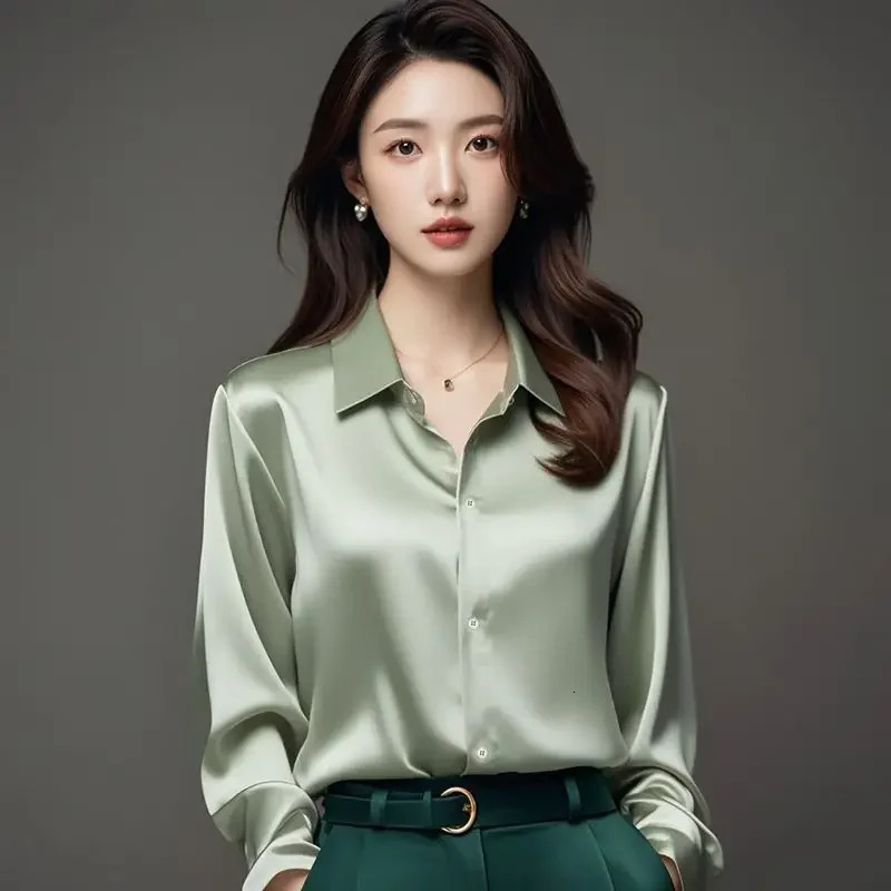 2025 High-end Gray Satin Shirt Blouse Women Style Satin Coat Lapel Red Womens Long Sleeve French Silk Professional Shirt 250617