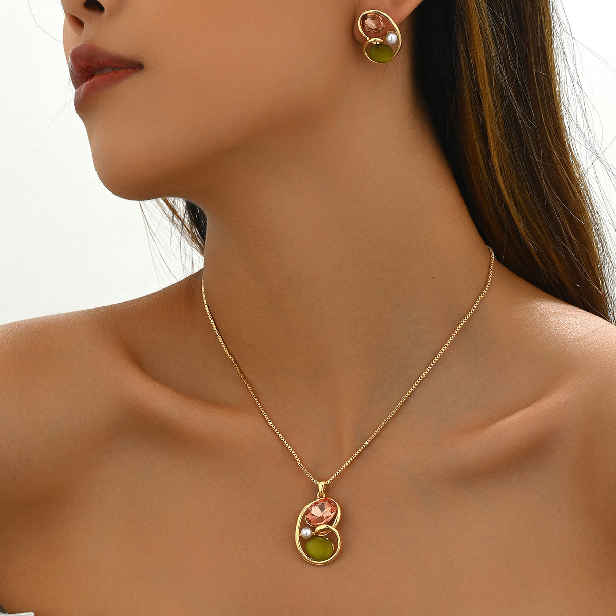 Forest Korean Version Clege Style And Necklace Set Inlaid Long Clavicle Chain Women's Earrings