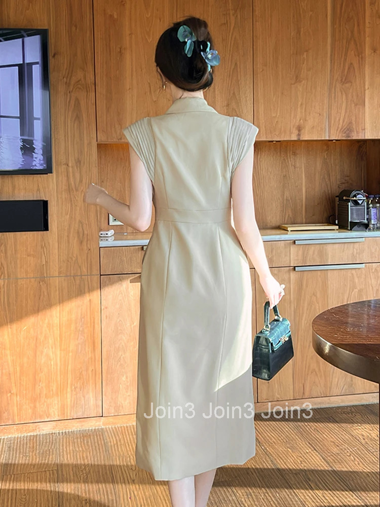 Summer Business Elegant Office Formal Occasion Dress Women Clothes Commute Classic Sleeveless Double Breasted Slim Midi Vestidos