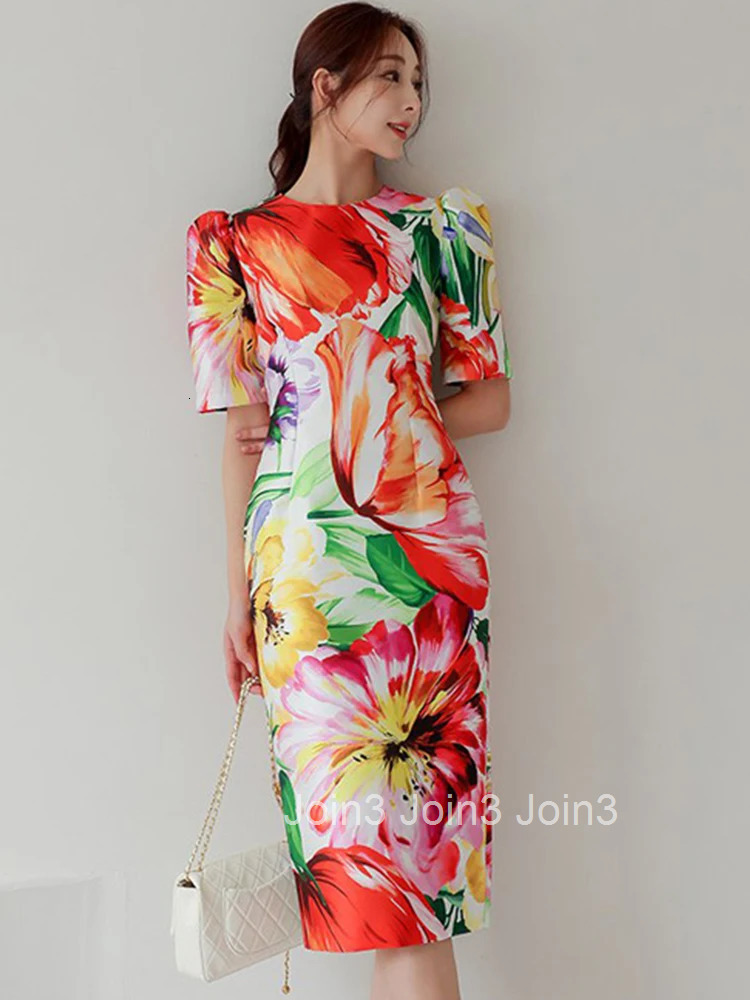 Elegant Office Women Dress Vintage Floral O-Neck Short Sleeve Slit Slim Midi Club Robe Femme Ladies Vestidos Ropa Mujer Verano