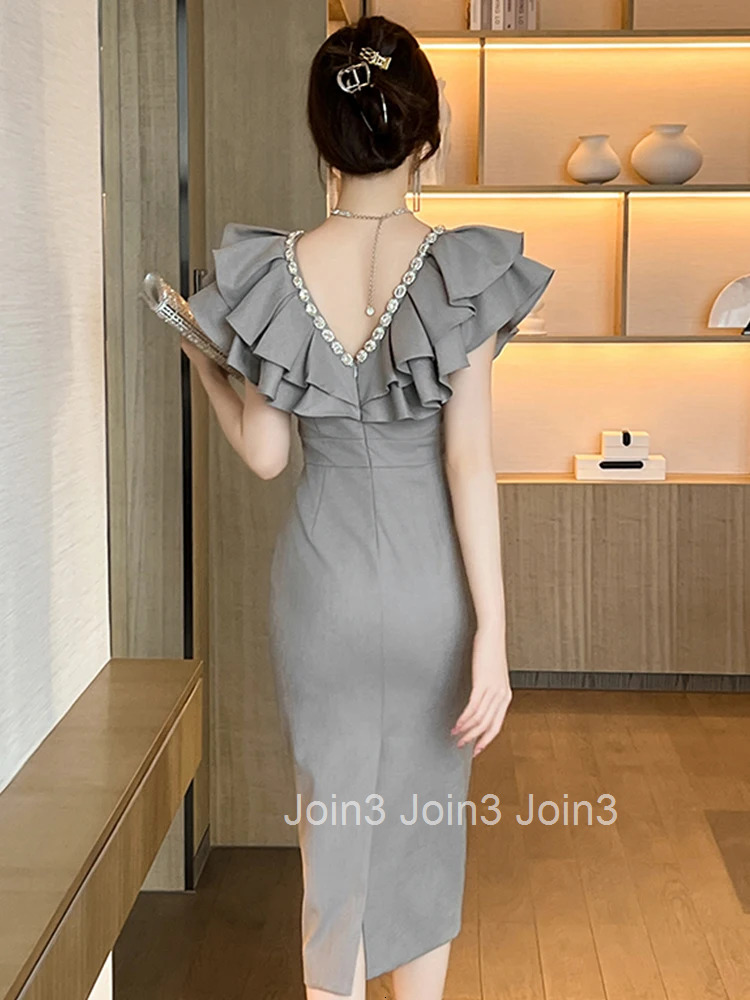 Women Clothes Gray Ruffle V-Neck Slim Midi Pencil Dress Elegant Luxury Fashion Evening Party Vestidos Casual Formal Occasion New