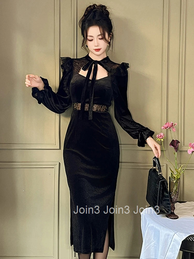 New Fashion Ladies Black Velvet Stretchy Dresses Women Mujer Chic Elegant Sweet Sexy Hollow Skinny Party Prom Dress Robe Vestido