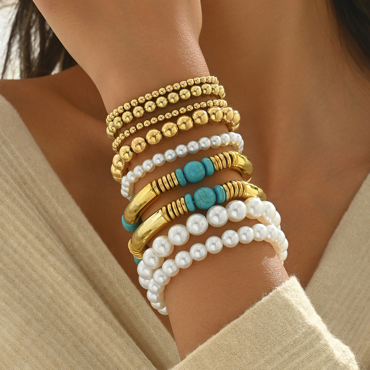 Wind for Women Handmade Woven Pearl Design Bracelet Multi-Piece Beaded Jewelry Set