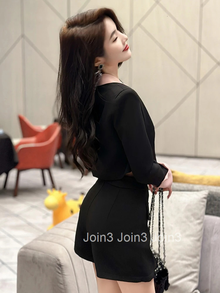 New Fashion Ladies Black Formal 2 Pieces Outfit Suits Women Clothing Cropped Tops Coat Blazer Suit And Mini Skirt Pant Short Set