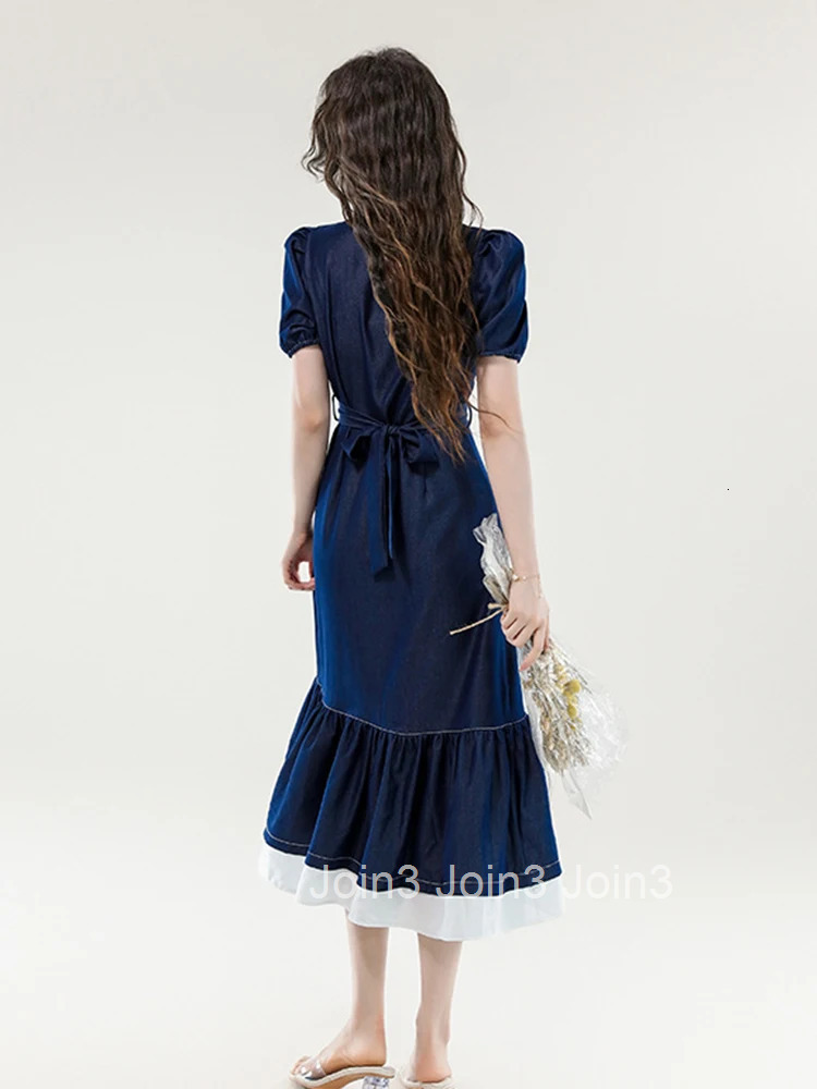 Women Street Clothes Denim Vintage V-Neck Single Breasted Belt A-Line Long Dress Elegant Fashion Vestidos Robe Casual Summer New