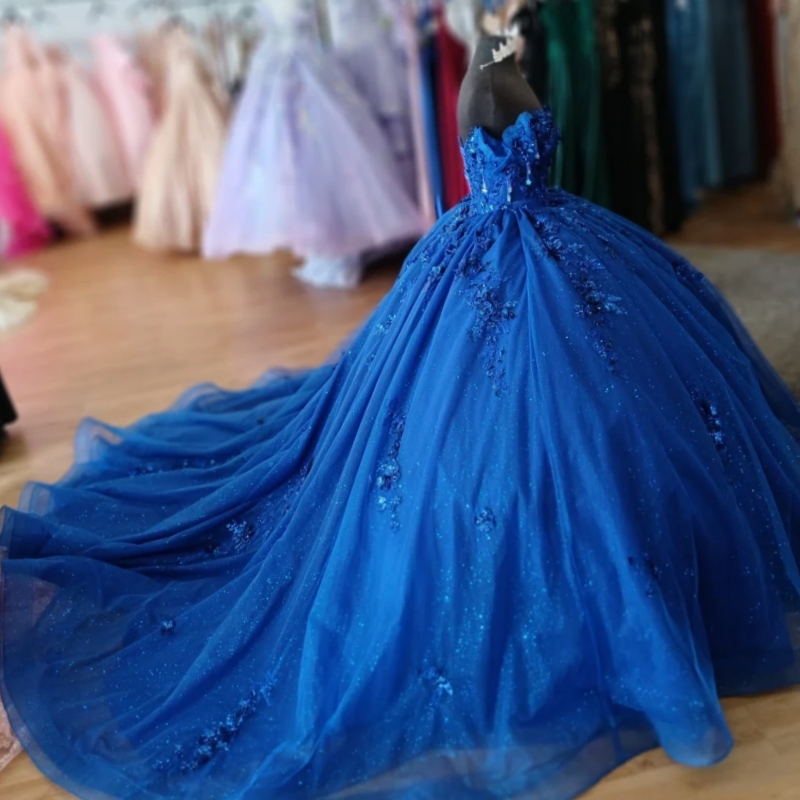 Royal Blue Shiny Princess Ball Gown Quinceanera Dresses Floral Applique Beaded Corset Tull Sweet 16 Dress Vestidos De 15 Anos
