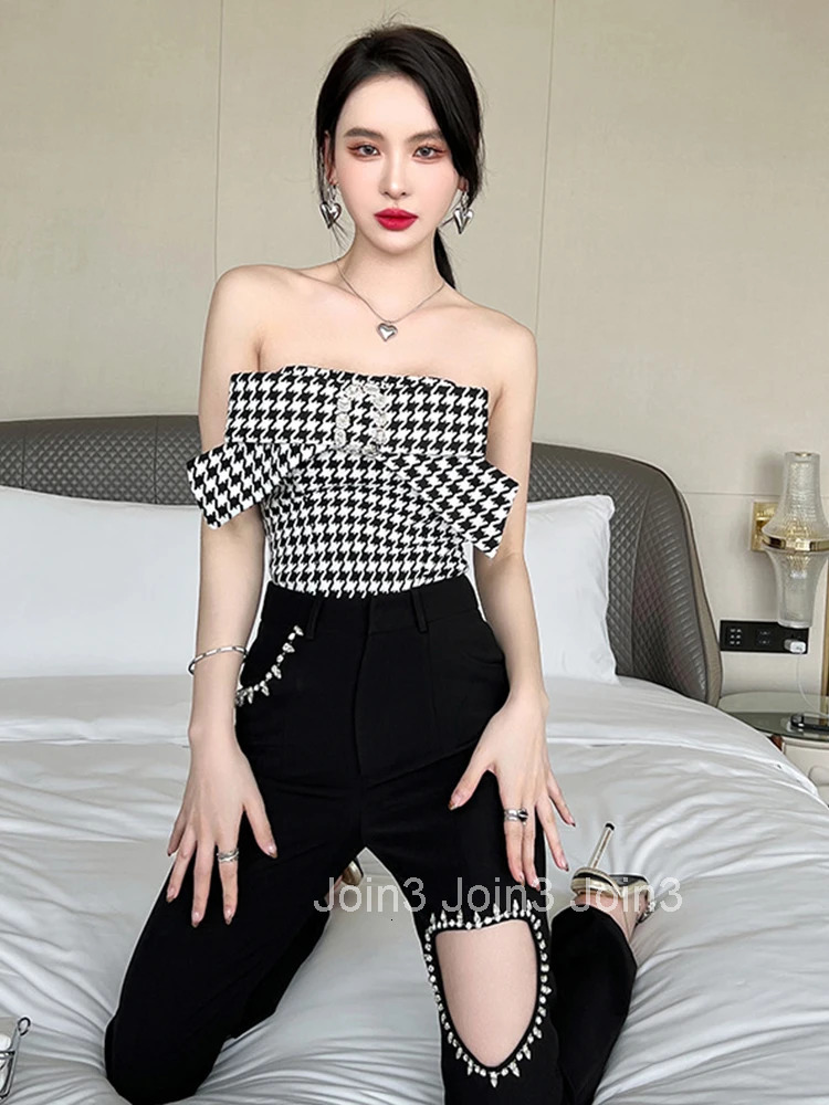 Elegant Women Sexy Party Club Ladies Clothes Strapless Blouse Houndstooth Chest Wrap Bow Diamond Coffee Break Female Short Tops