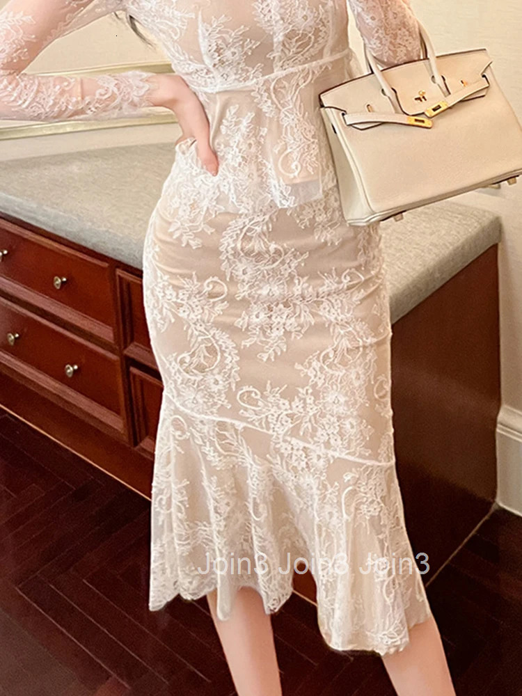 Fashion Spring Autumn Women Slim Skirt Elegant Office Lace Solid Wrap Hip High Waist Midi Fishtail Club Street Clothes Outfits