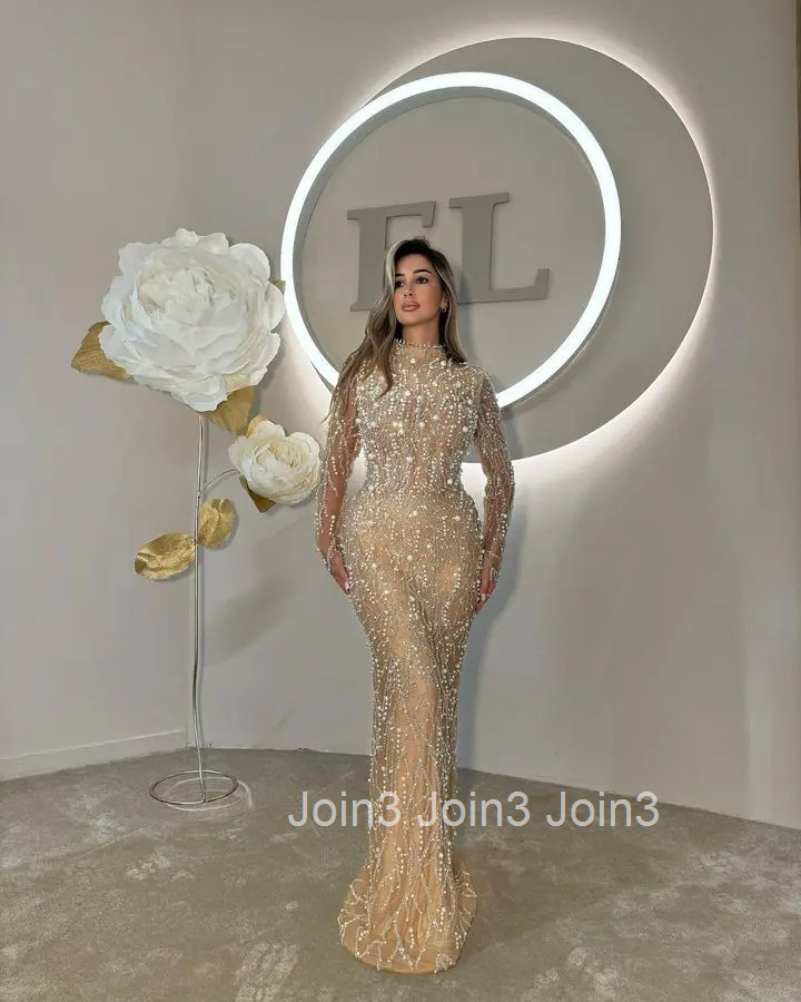 Womens Apricot Bandage Long Sleeve High Neck Gown Sheer Lace Applique with Crystal Sequin Beads for Formal Evening Red Carpe