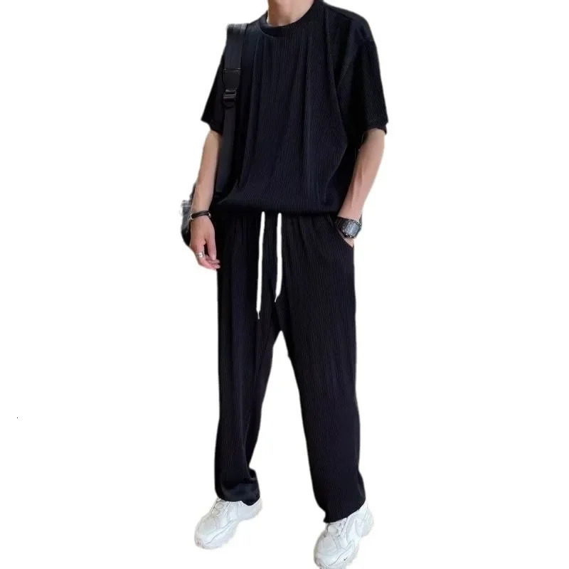 Casual Ice Silk Mens Short Sleeve T-shirt Loose-fit Trousers Lightweight Summer Fashion Trendy Mens Wear 2-piece Set 250617