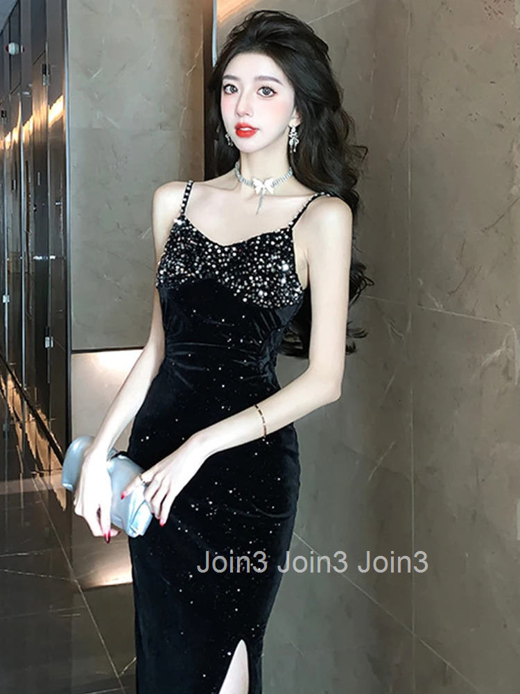 Fashion Lady Retro Velvet Sparkly Sequin Black Evening Dress Women Clothes Elegant Sexy Strap Slim Slit Party Club Prom Vestidos