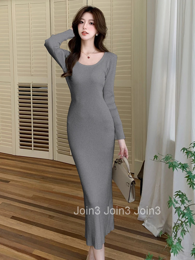 New Autumn Winter Knitted Simple Stretchy Dress Women Clothes Elegant Sweater Casual O-Neck Long Sleeve Skinny Midi Robe Vestido