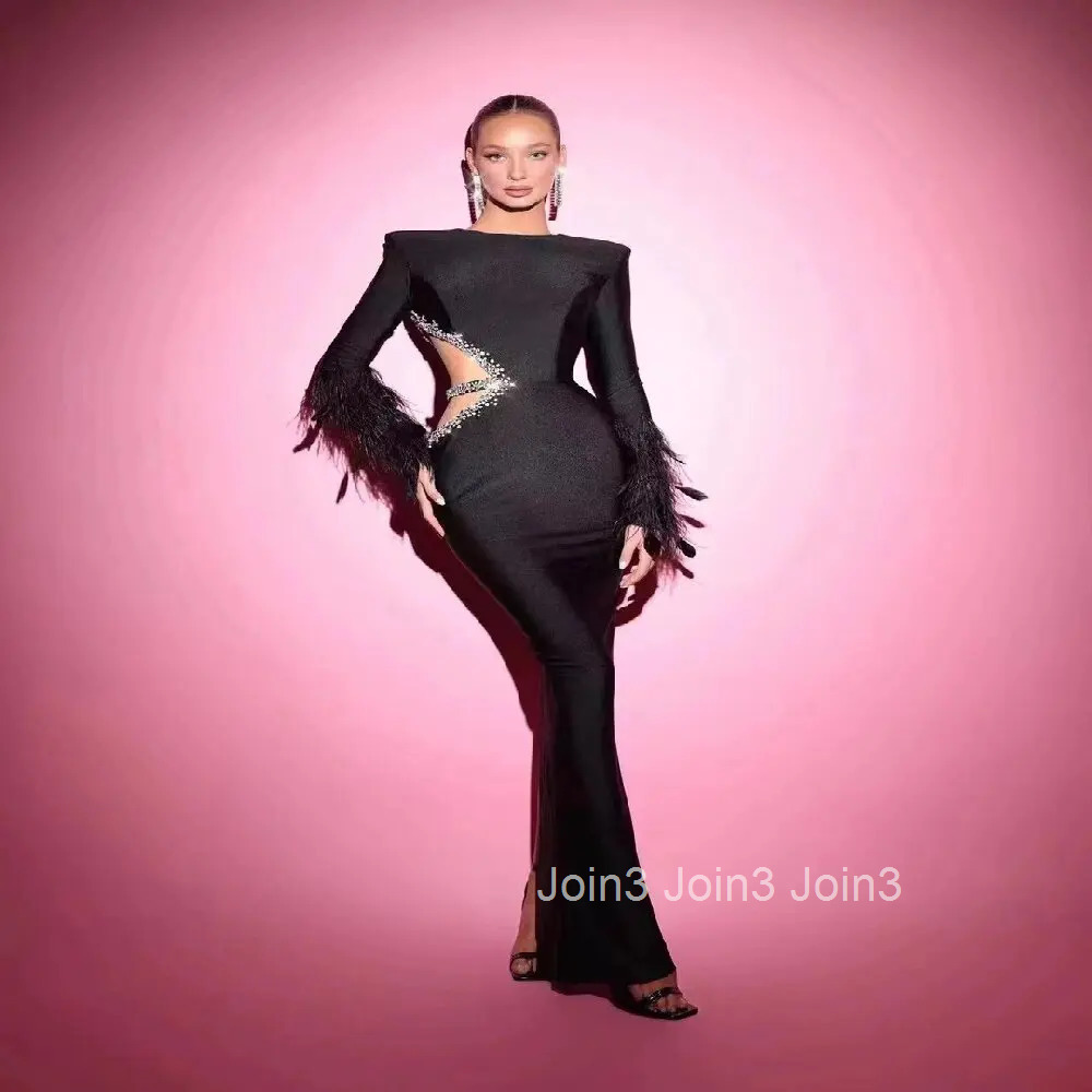Spring Womens Clothing Elegant Vintage Black Long Sleeves With Feathers Gown Sexy Side Waist Cut Out Rhinestone Bandage Dress