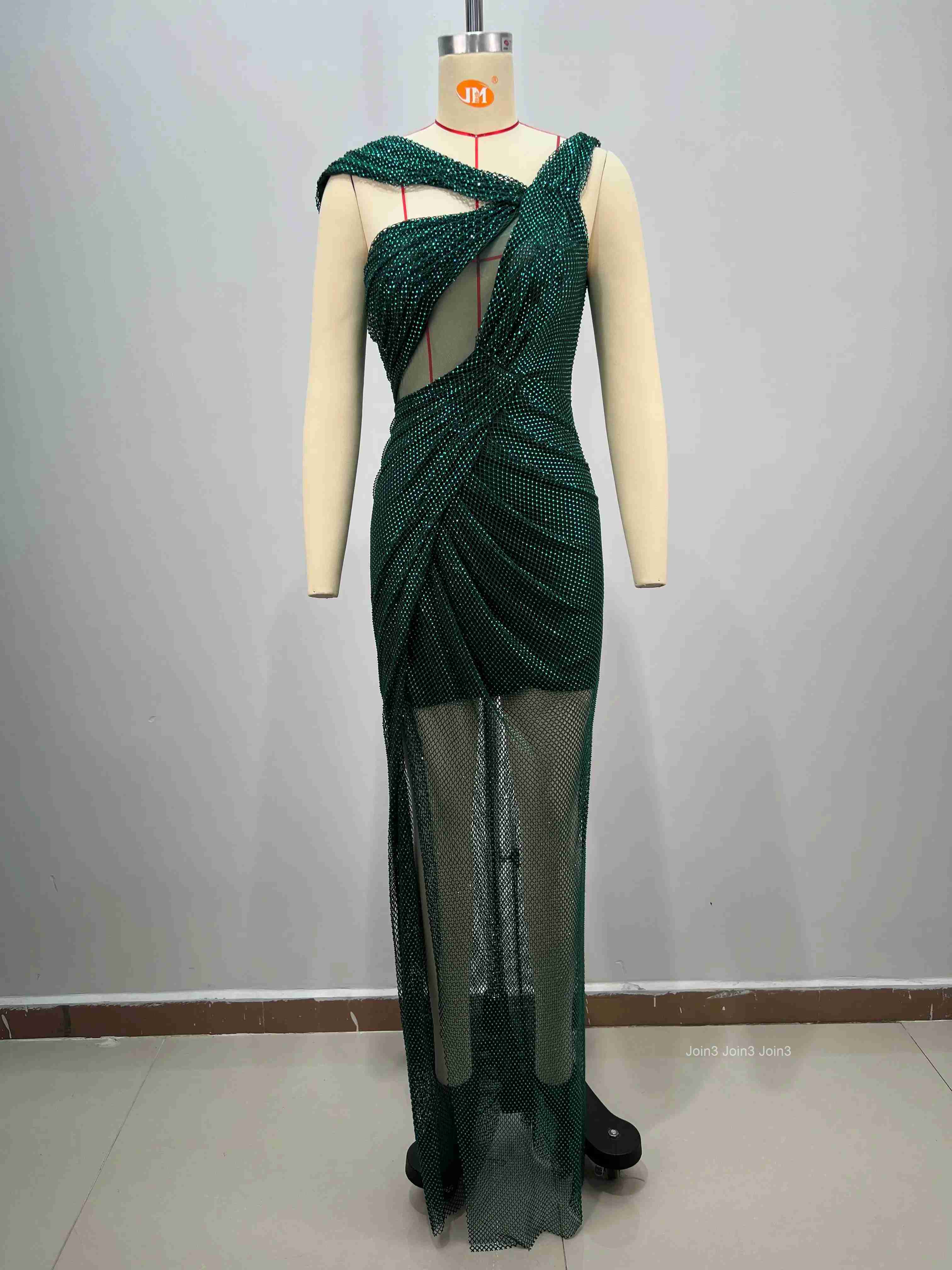 Womens Dark Green Sequin Asymmetric Bandage Dress Cross Back Cut-out Mermaid Evening Gown Sheer Tulle Formal Party Dress