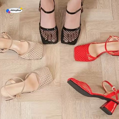 Trendy New Spring/Summer Square Toe Fishnet Hollow Buckle Chunky High Heel Plus Size Women's Sandals ddmythur