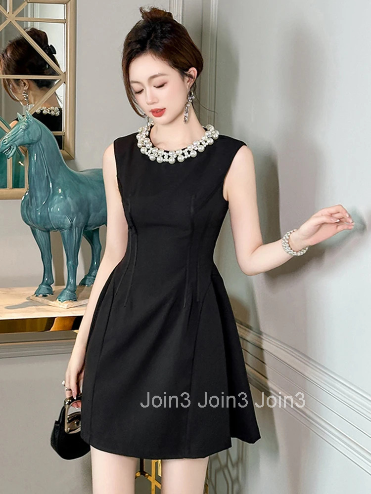 Summer Fashion Black Gown Evening Dress Women Clothes Elegant Retro Pearl Sleeveless Slim Short A-Line Party Club Prom Vestidos