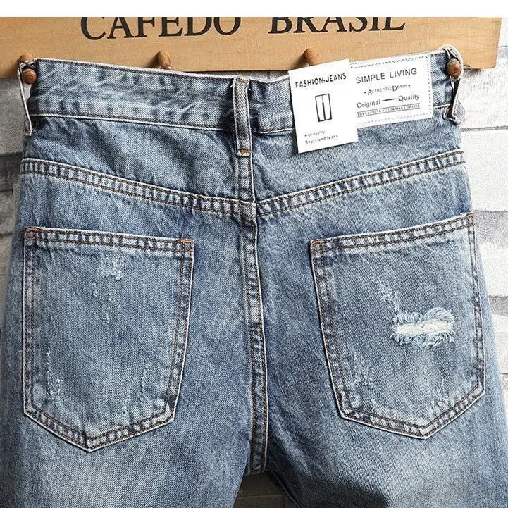 Summer Light-colored Ripped Denim Shorts Mens Loose Pants Mens Korean Trendy Pants for Cool Cowboy Distressed Jeans 250617