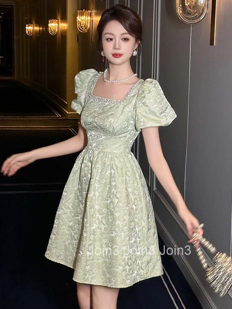 New Summer Fashion Sweet Floral Square Collar A-Line Dress Women Clothes Retro Puff Sleeve Corset Slim Short Party Prom Vestidos