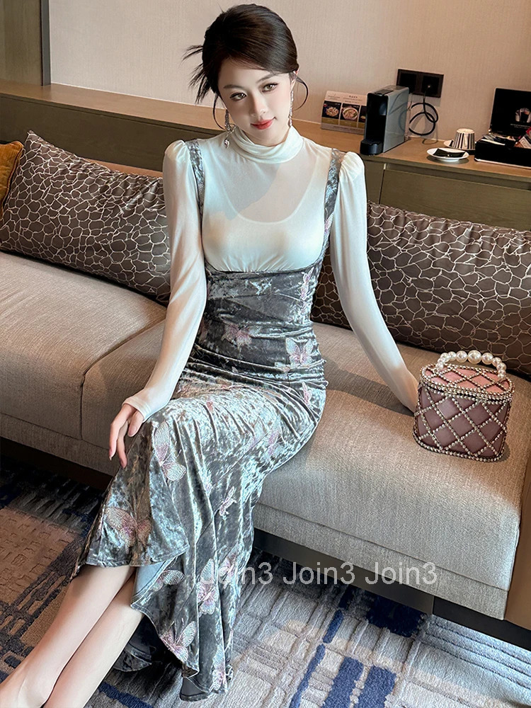 Women Clothes Fake 2-Piece Velvet Embroidery Stand Neck Slim Midi Fishtail Dress Elegant Party Vestido Robe Autumn Winter Casual