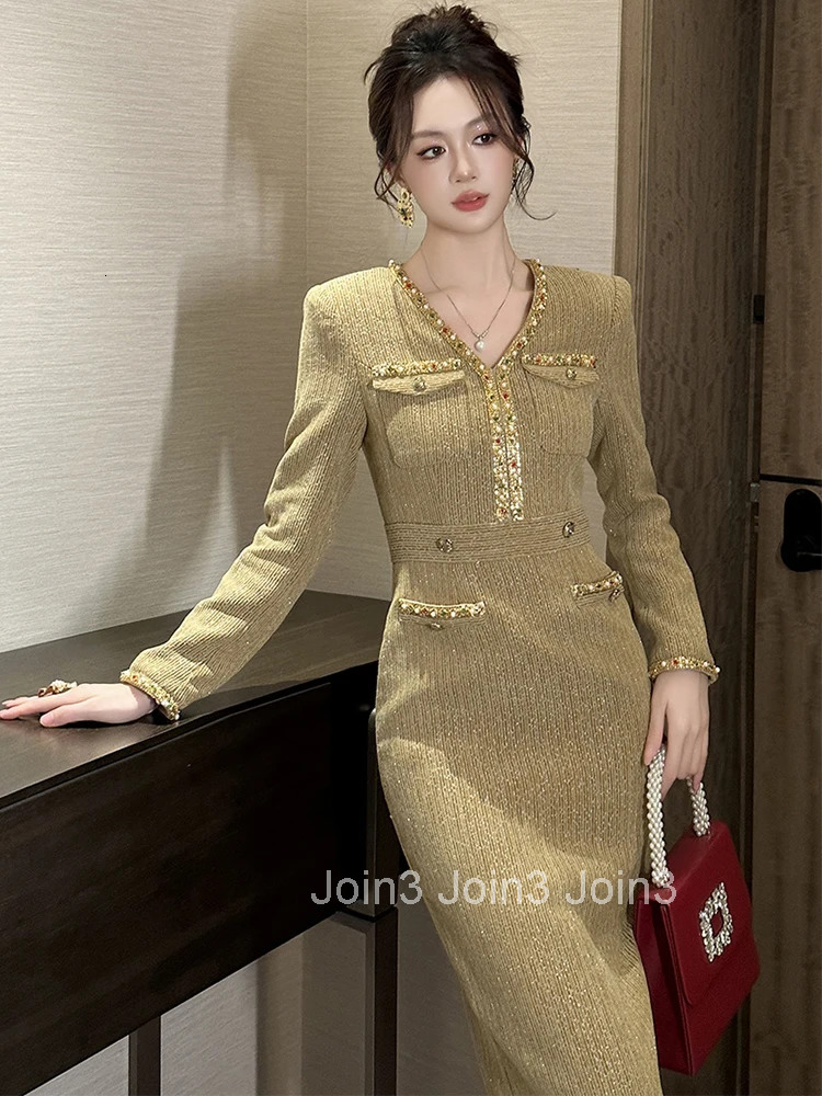 Women Clothes Formal Occasion Retro Tweed V-Neck Slim Midi Pencil Dress Elegant Fashion Party Vestidos Casual Autumn Winter New