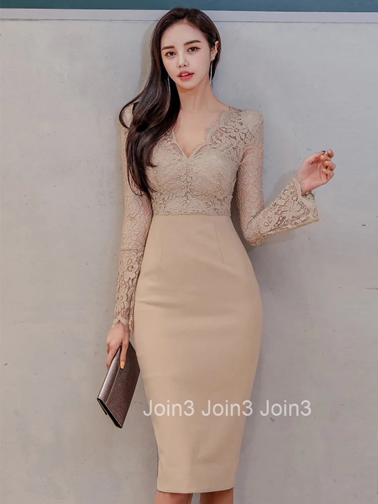 Korean Fashion Ladies Work Style Pencil Dresses Women Clothing Elegant Office Commute Lace Sexy V-Neck Slim Dress Mujer Vestidos