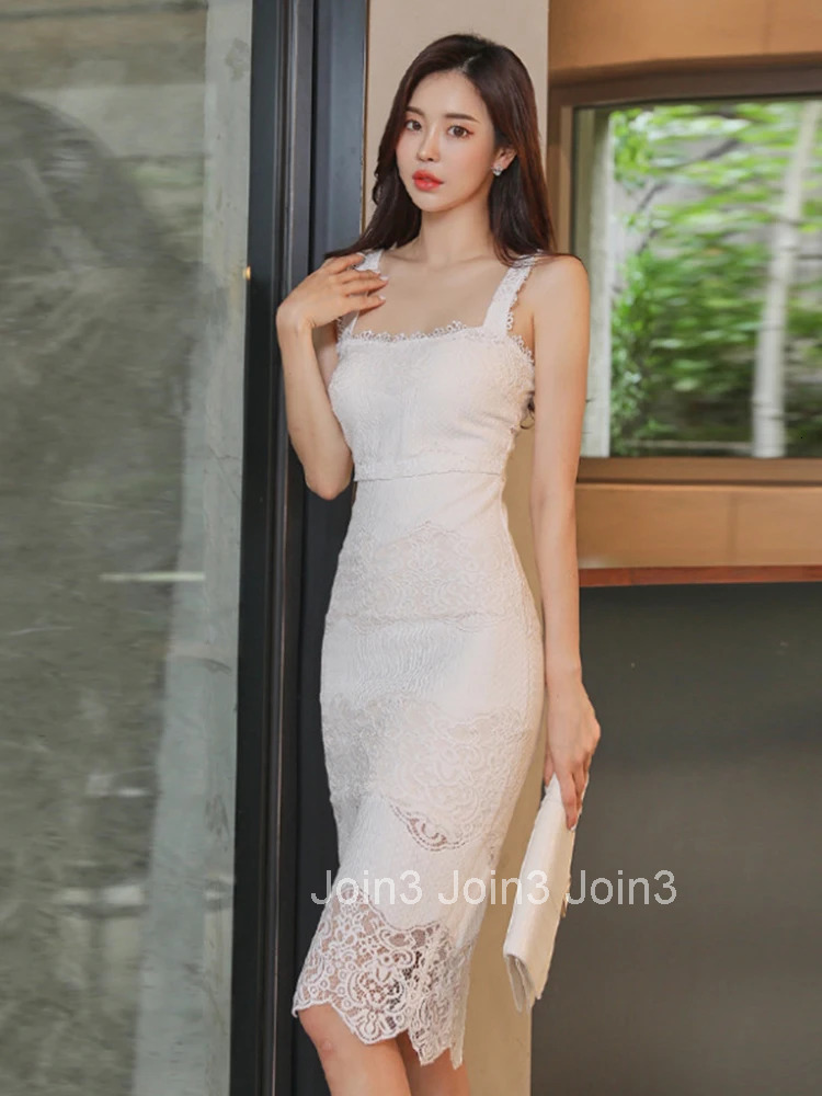 New Korean Fashion Summer Lace Elegant Women Evening Dress Mujer Chic White Sexy Strap Slim Midi Party Club Prom Beach Vestidos