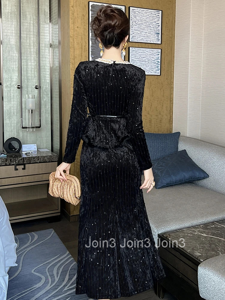 Women Clothes Fake 2-Piece Velvet Sequin O-Neck Slim Midi Fishtail Dress Elegant Party Vestidos Fashion Autumn Winter Casual New