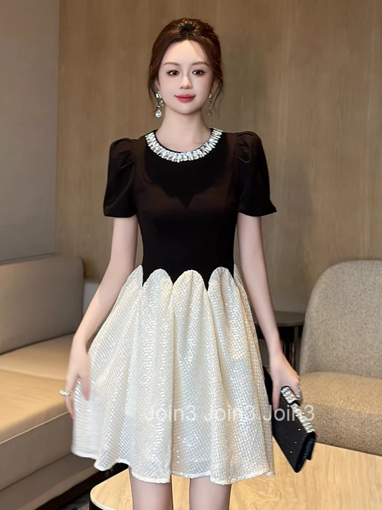 New Summer Elegant Luxury Diamonds O-Neck Gown Evening Dress Women Clothes Retro Puff Sleeve Slim A-Line Party Club Prom Vestido