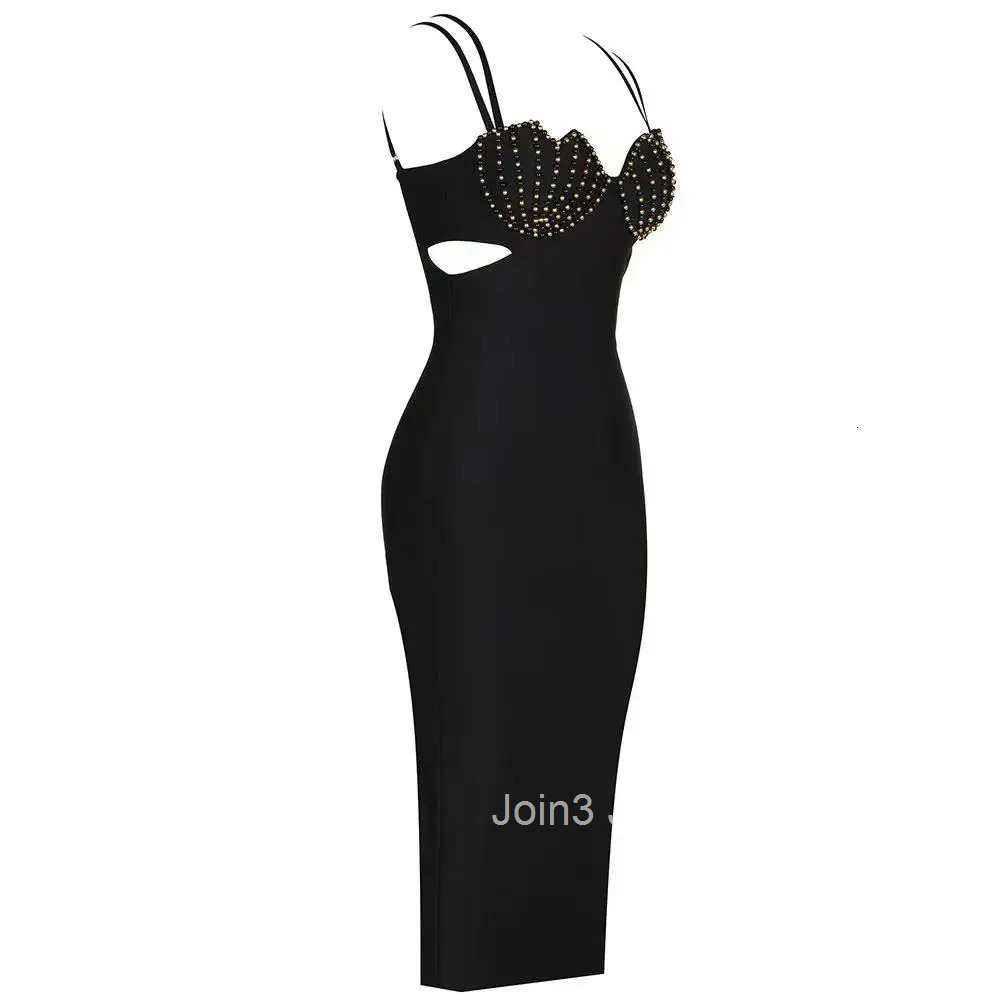 Womens Clothing Hot Sale Fashion Shell Breast Cup Sexy Hollow Bandage Dress 2 Color Sleeveless Beading Lady Bodycon Party Wear