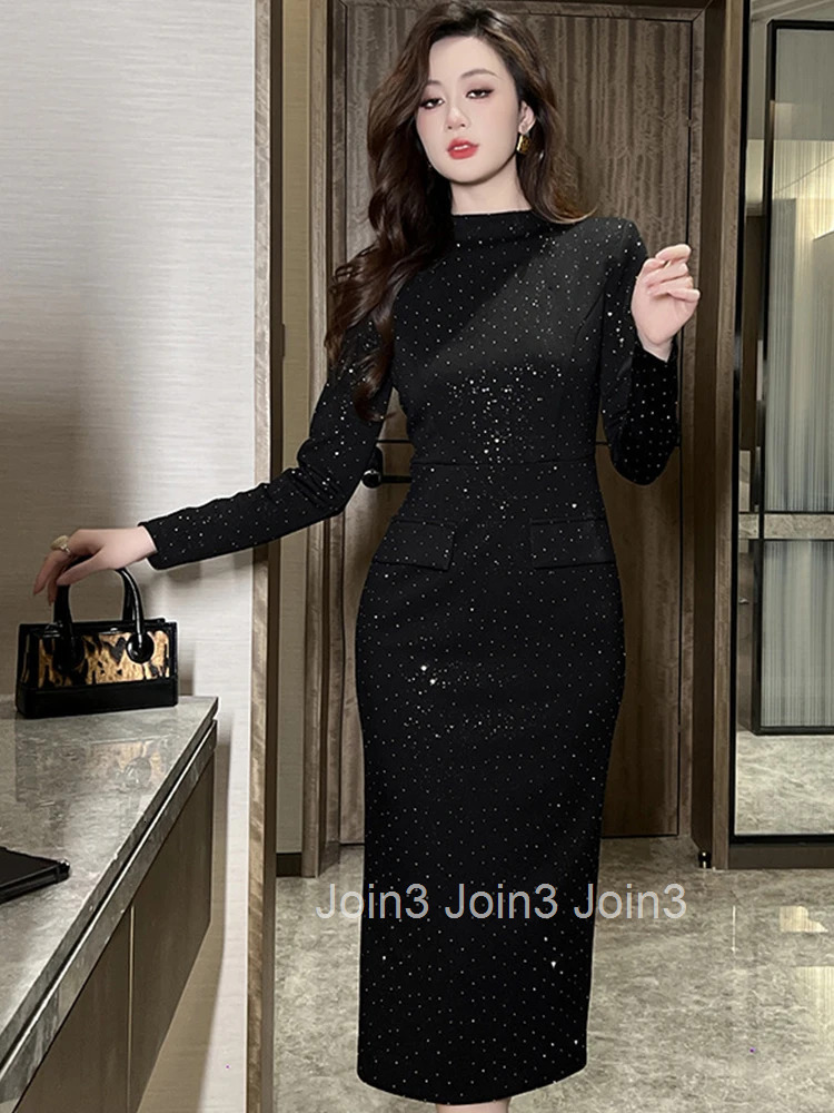 Women Clothes Formal Occasion Black Sparkly O-Neck Slim Midi Pencil Dress Elegant Fashion Party Vestido Casual Autumn Winter New