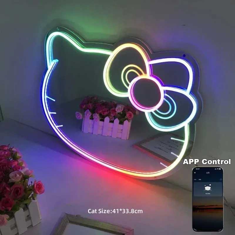 Pink Kitty Cat LED Neon Cat Mirror Sign Wall Mounted Makeup Mirror and Wall Art for Bedroom Beauty Shop Studio Decor X250623