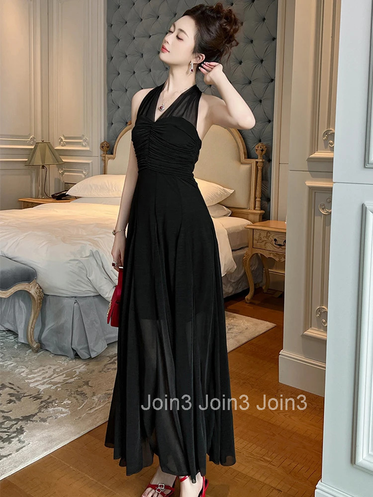 Summer Fashion Black Mesh Vacation Evening Dress Women Clothes Sexy Halter Backless Slim Folds Maxi Long Robe Party Prom Vestido