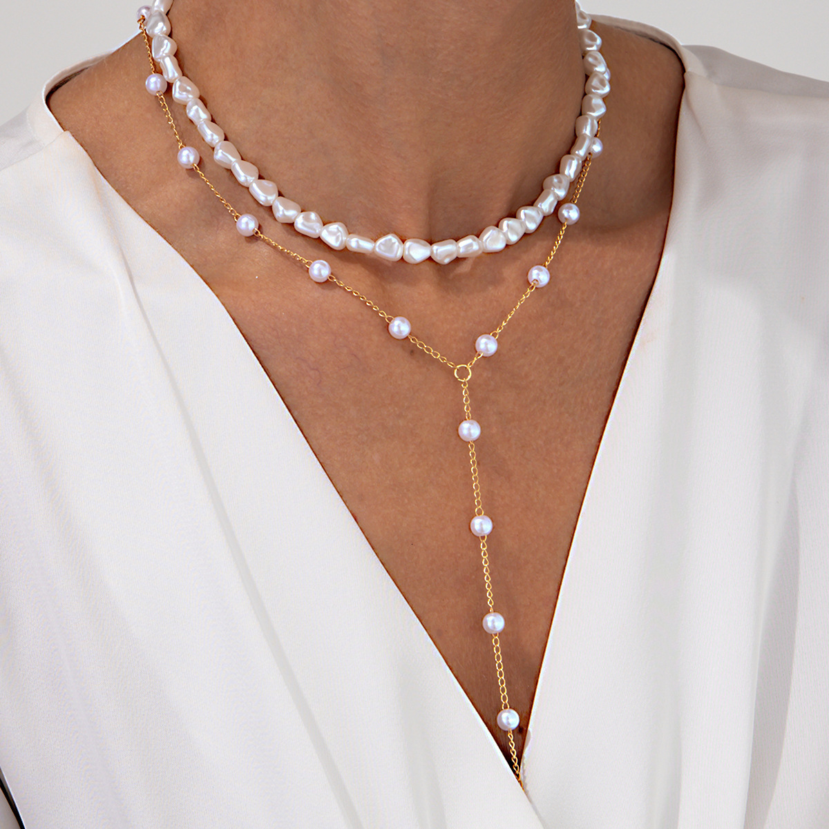 Minimalist Elegant Pearl Y-shaped Tassel for Women Business Party Multi-layer Choker Necklace