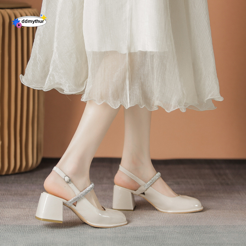 Backless French Style Peep Sandals for Women Summer 2024 New Square Toe Chunky Heel High Heels with Rhinestones Mary Jane Shoes ddmythur