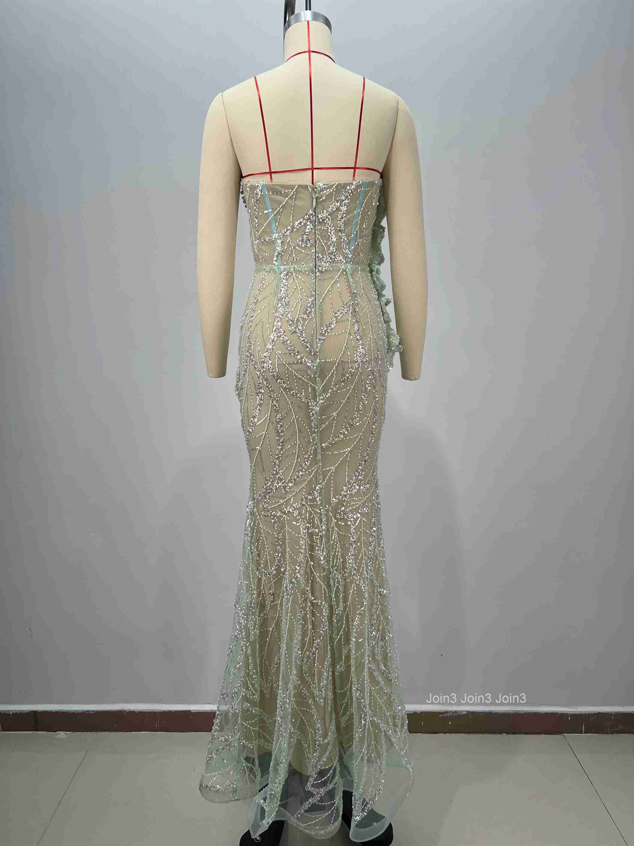 Womens Light Green Bandage Dress Sheer Tulle Leaf Embroidery Thin Straps Backless Mermaid Gown Green Accent Formal Party