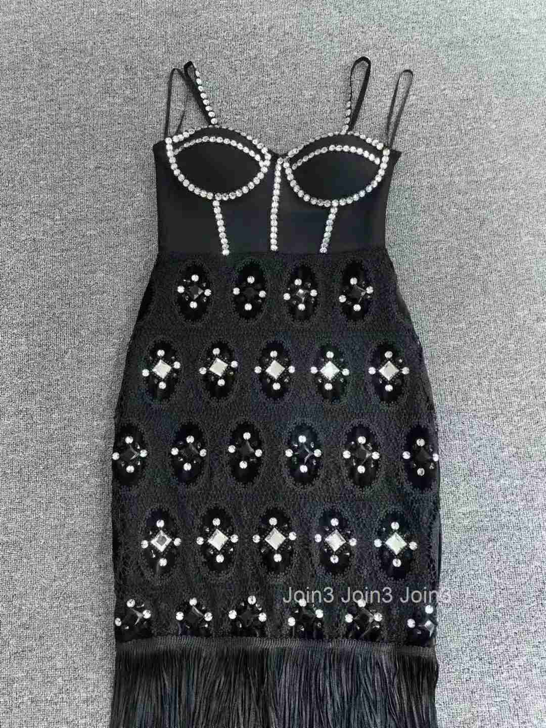 Winter Outfits Womens Fashion Luxury Diamonds Decoration Tassel Design Sleeveless Long Elegant Evening Party Gown Bandage Skirt