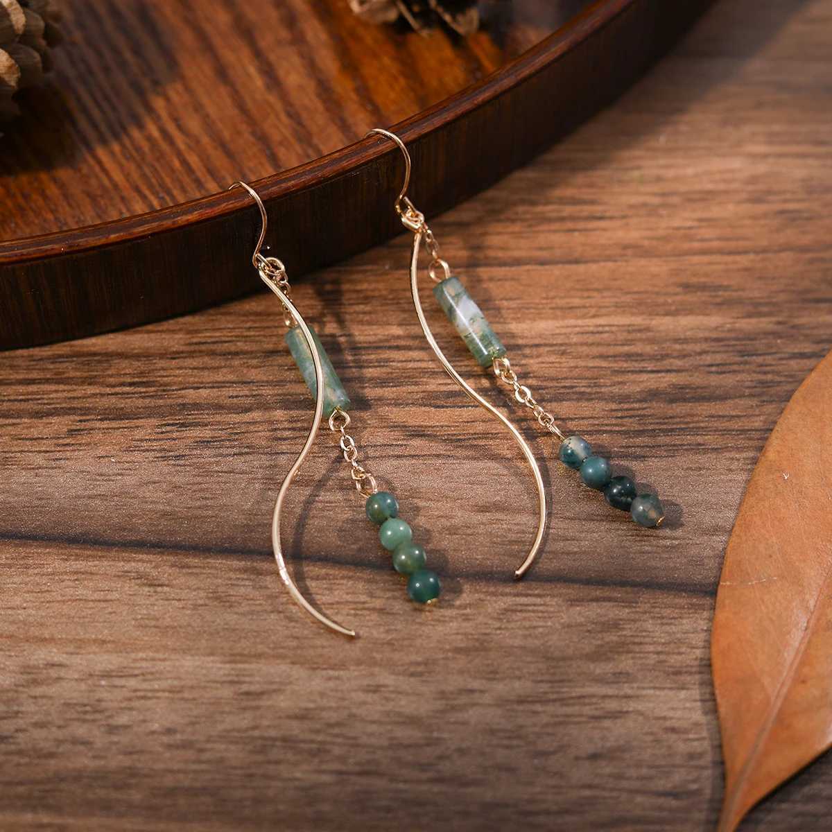 Personality Design Curved Earrings For Women Vintage Green Stones Round Beads Pendants Ladies Ear Accessories Jewelry EarringsXJ250623