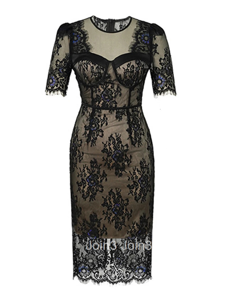 New Fashion Summer Evening Dress For Women Elegant Lace Sheer Sexy O-Neck Slim Midi Party Prom Robe Femme Mujer Stretchy Vestido