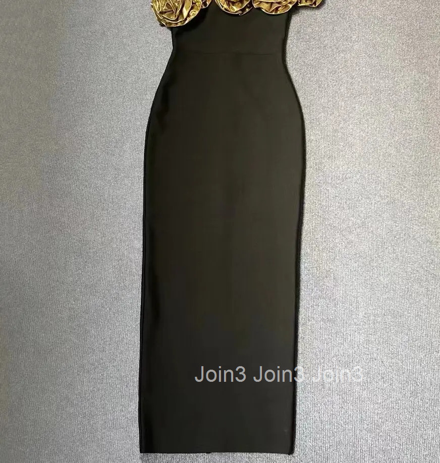 Summer Chic Black Bandage Dress For Women Elegant Evening Dinner Party Gown Fashion Golden Flower Single Shoulder Long Vestidos